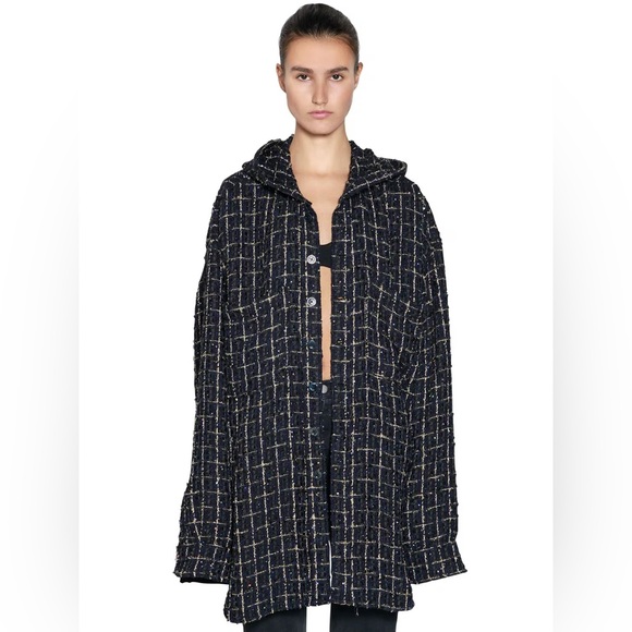 Faith Connexion Oversized Navy Black Gold Tweed Sequined Hooded Shirt